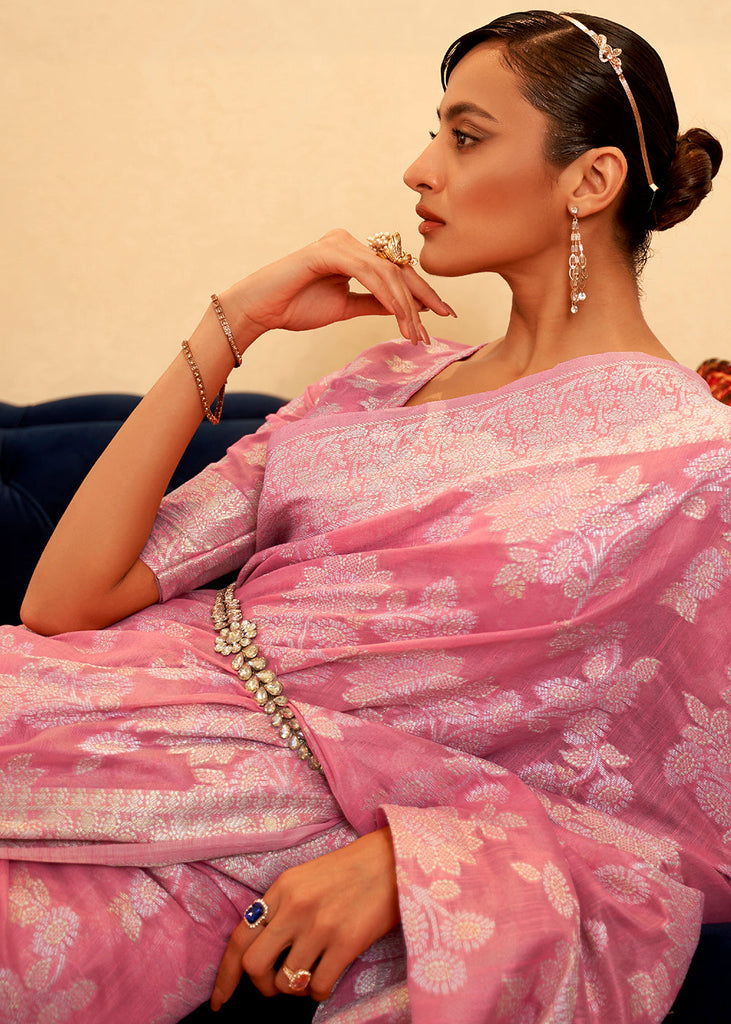 Flamingo Pink Chikankari Weaving Banarasi Cotton Silk Saree Clothsvilla
