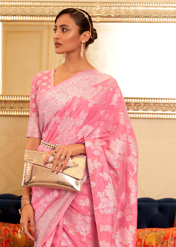 Flamingo Pink Chikankari Weaving Banarasi Cotton Silk Saree Clothsvilla