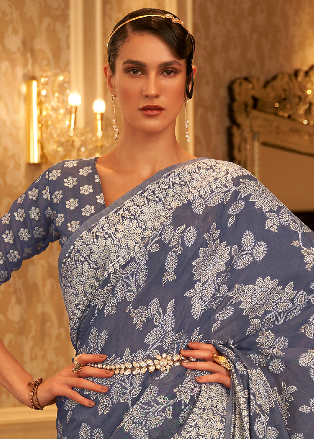 Lead Grey Chikankari Weaving Banarasi Cotton Silk Saree Clothsvilla