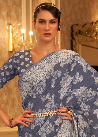 Lead Grey Chikankari Weaving Banarasi Cotton Silk Saree Clothsvilla