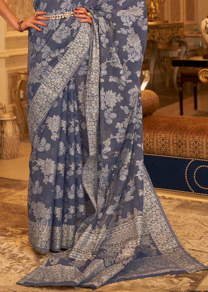 Lead Grey Chikankari Weaving Banarasi Cotton Silk Saree Clothsvilla