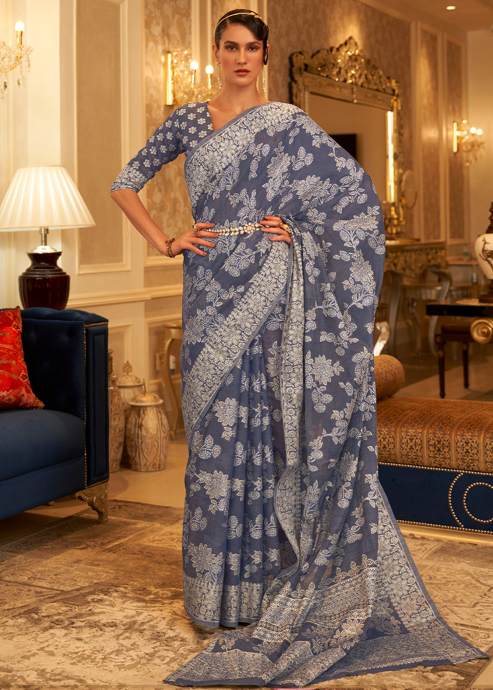 Lead Grey Chikankari Weaving Banarasi Cotton Silk Saree Clothsvilla
