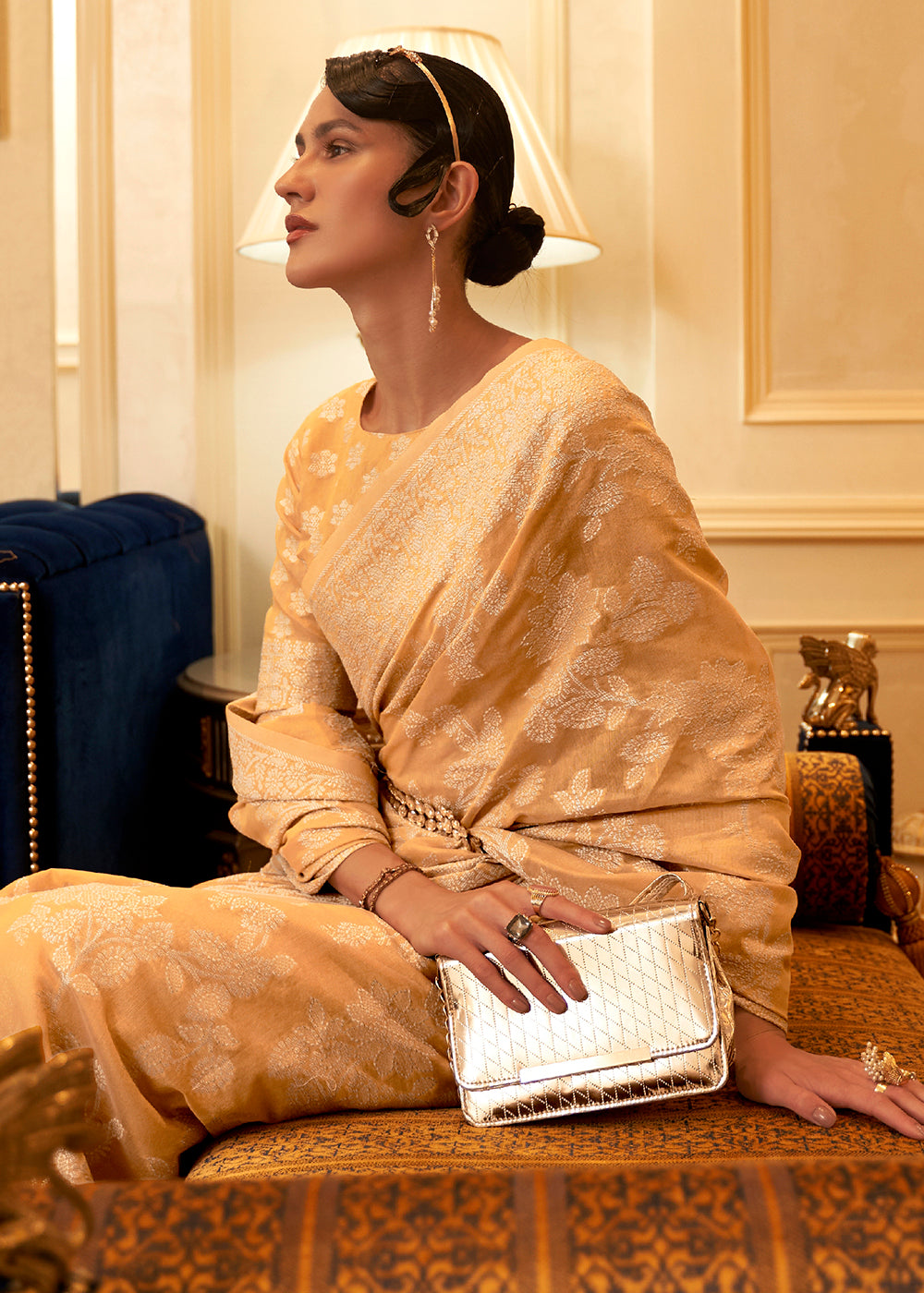 Sand Brown Chikankari Weaving Banarasi Cotton Silk Saree Clothsvilla