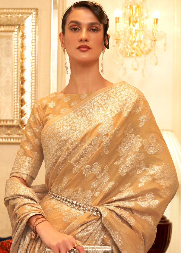 Sand Brown Chikankari Weaving Banarasi Cotton Silk Saree Clothsvilla