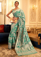 Load image into Gallery viewer, Caribbean Green Chikankari Weaving Banarasi Cotton Silk Saree Clothsvilla