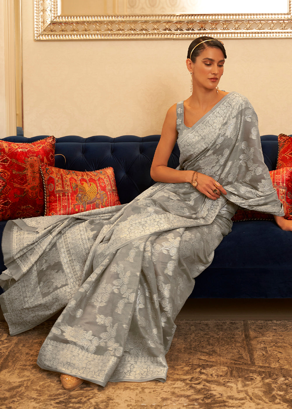Koala Grey Chikankari Weaving Banarasi Cotton Silk Saree Clothsvilla