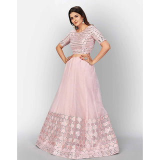 Baby Pink Thread and Foil Mirror Cutwork Lehenga choli ClothsVilla