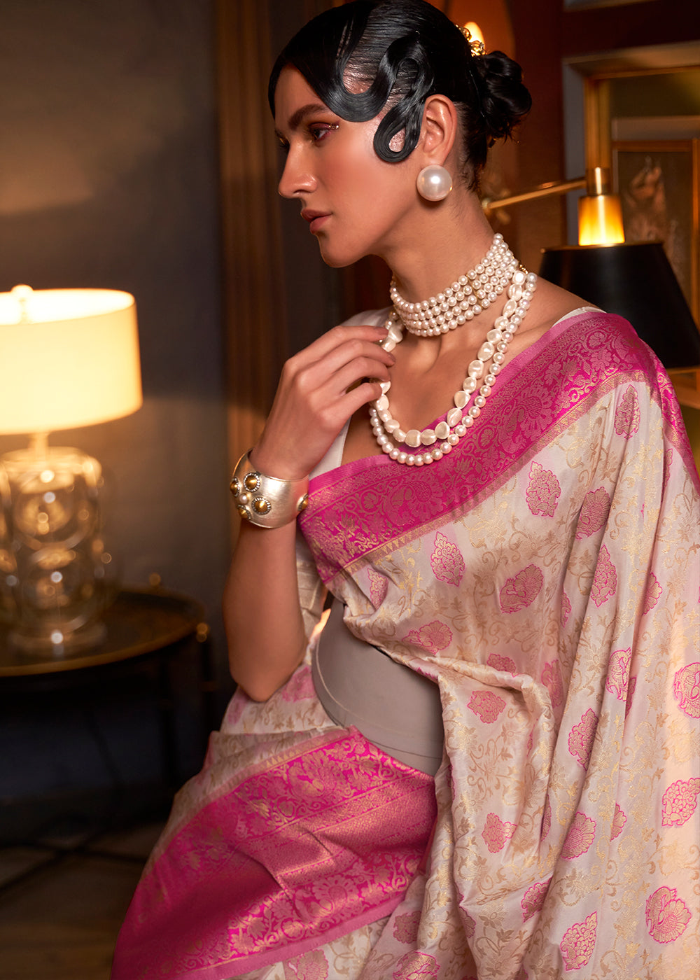 White & Pink Zari Woven Soft Silk Saree Secondary image
