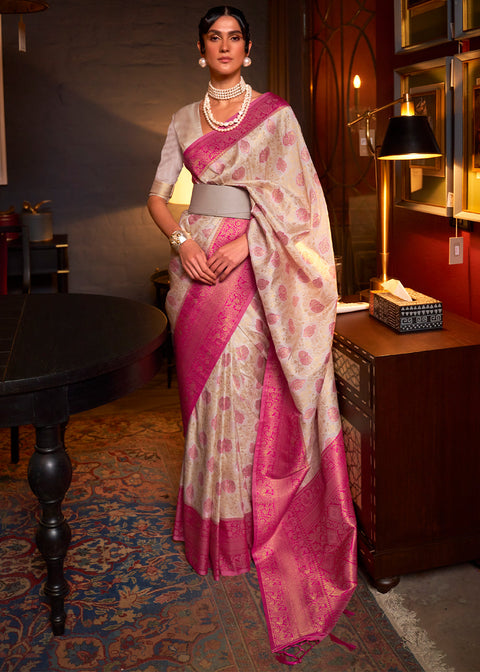White & Pink Zari Woven Soft Silk Saree Clothsvilla Main image