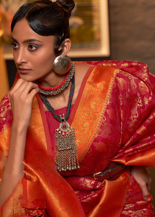 Red & Orange Zari Woven Soft Silk Saree Clothsvilla