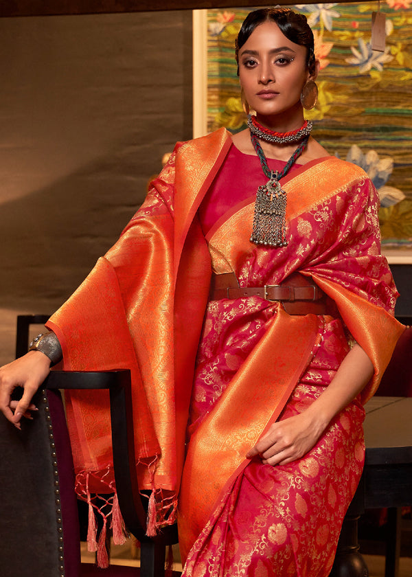 Red & Orange Zari Woven Soft Silk Saree Clothsvilla