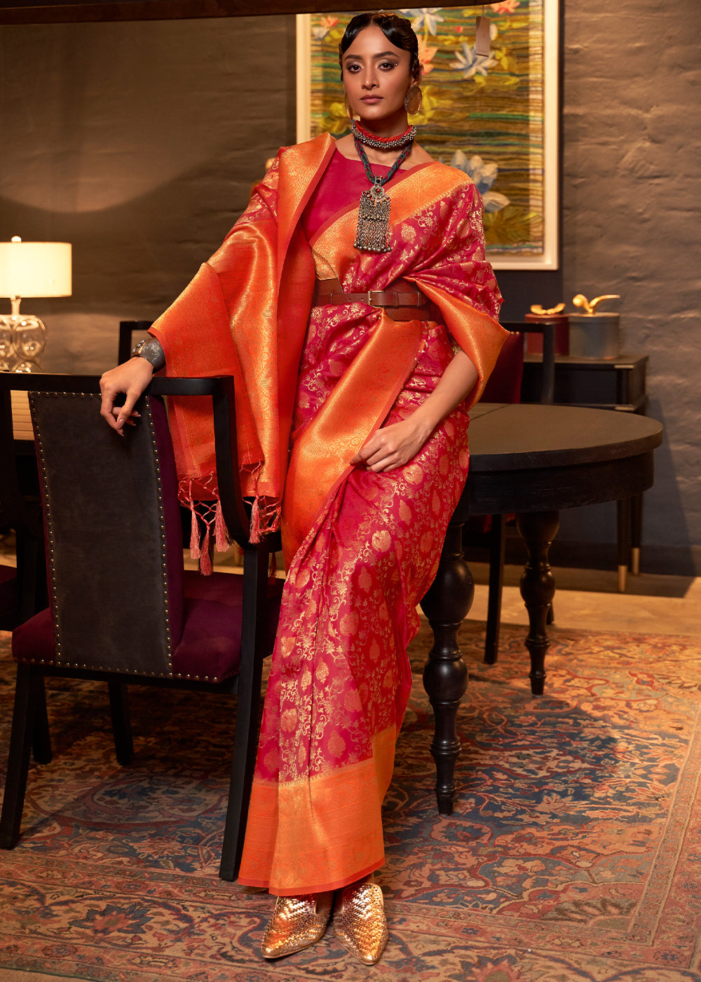 Red & Orange Zari Woven Soft Silk Saree Clothsvilla Main image