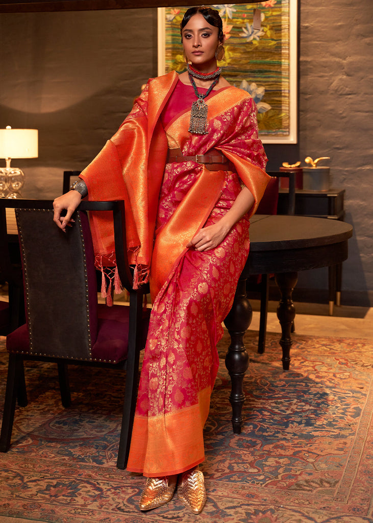 Red & Orange Zari Woven Soft Silk Saree Clothsvilla