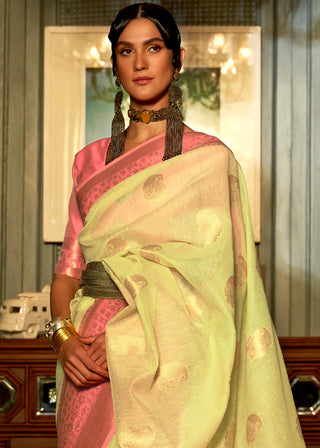 Light Lime Green Copper Zari Woven Linen Silk Saree Clothsvilla