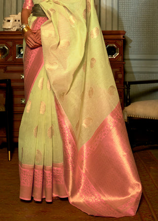 Light Lime Green Copper Zari Woven Linen Silk Saree Clothsvilla