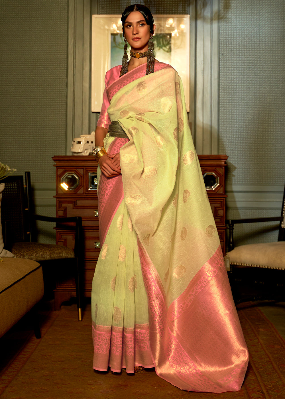 Light Lime Green Copper Zari Woven Linen Silk Saree Clothsvilla Main image