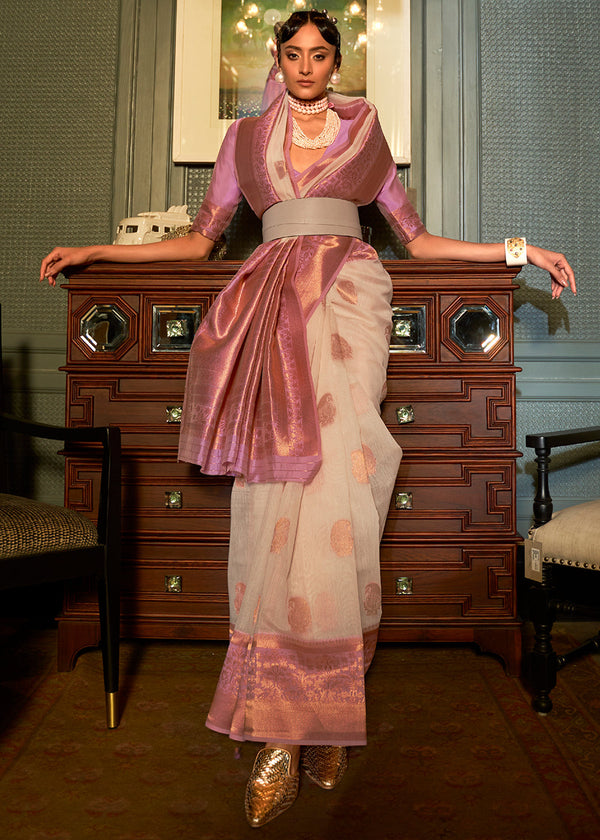Beige Brown Copper Zari Woven Linen Silk Saree Clothsvilla