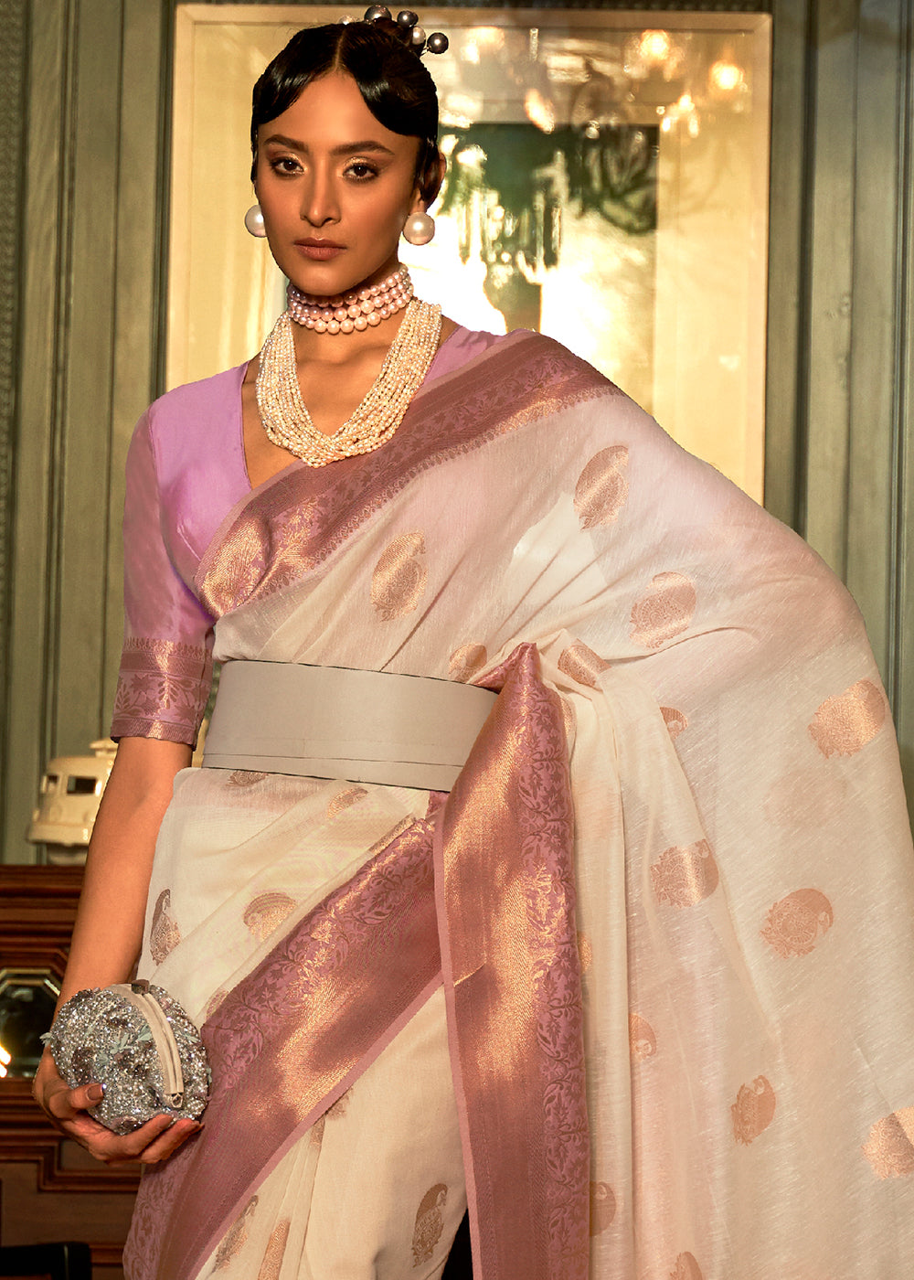 Beige Brown Copper Zari Woven Linen Silk Saree Clothsvilla