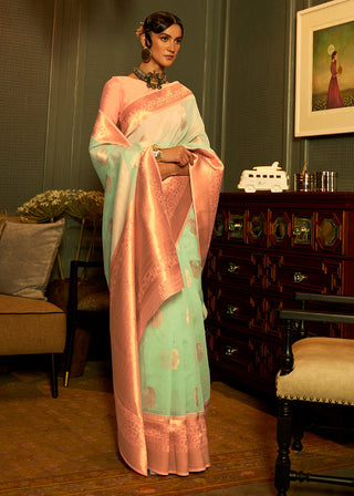 Mint Green Copper Zari Woven Linen Silk Saree Clothsvilla