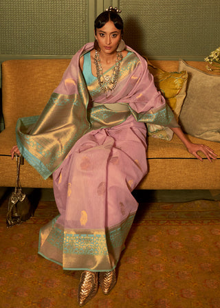 Flamingo Pink Copper Zari Woven Linen Silk Saree Clothsvilla