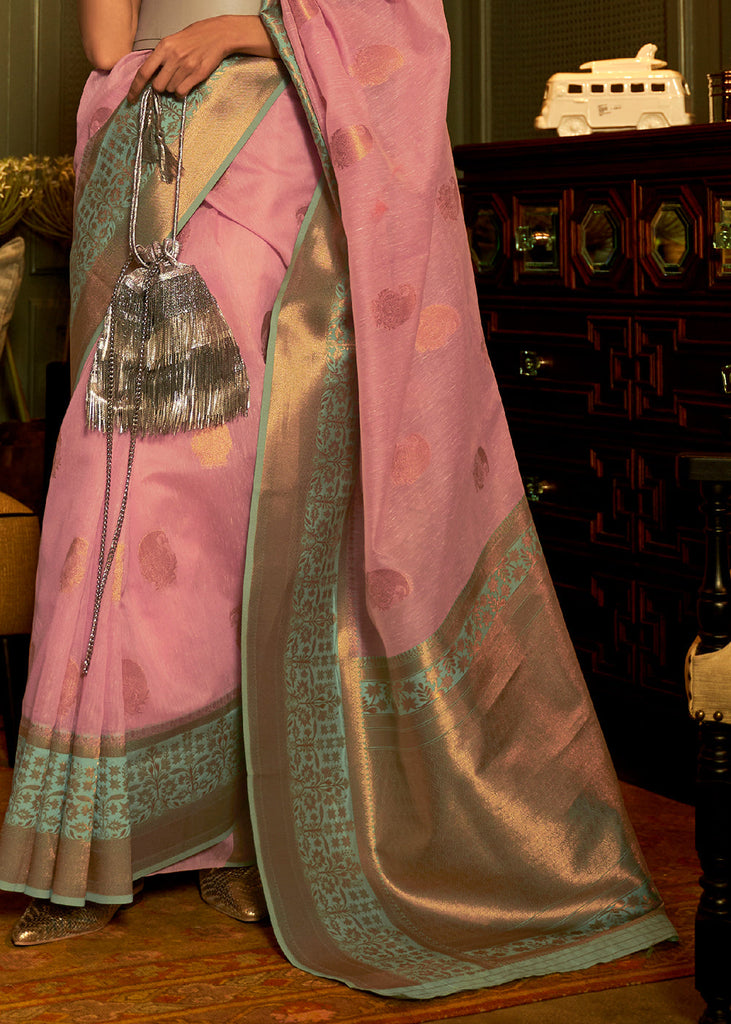 Flamingo Pink Copper Zari Woven Linen Silk Saree Clothsvilla