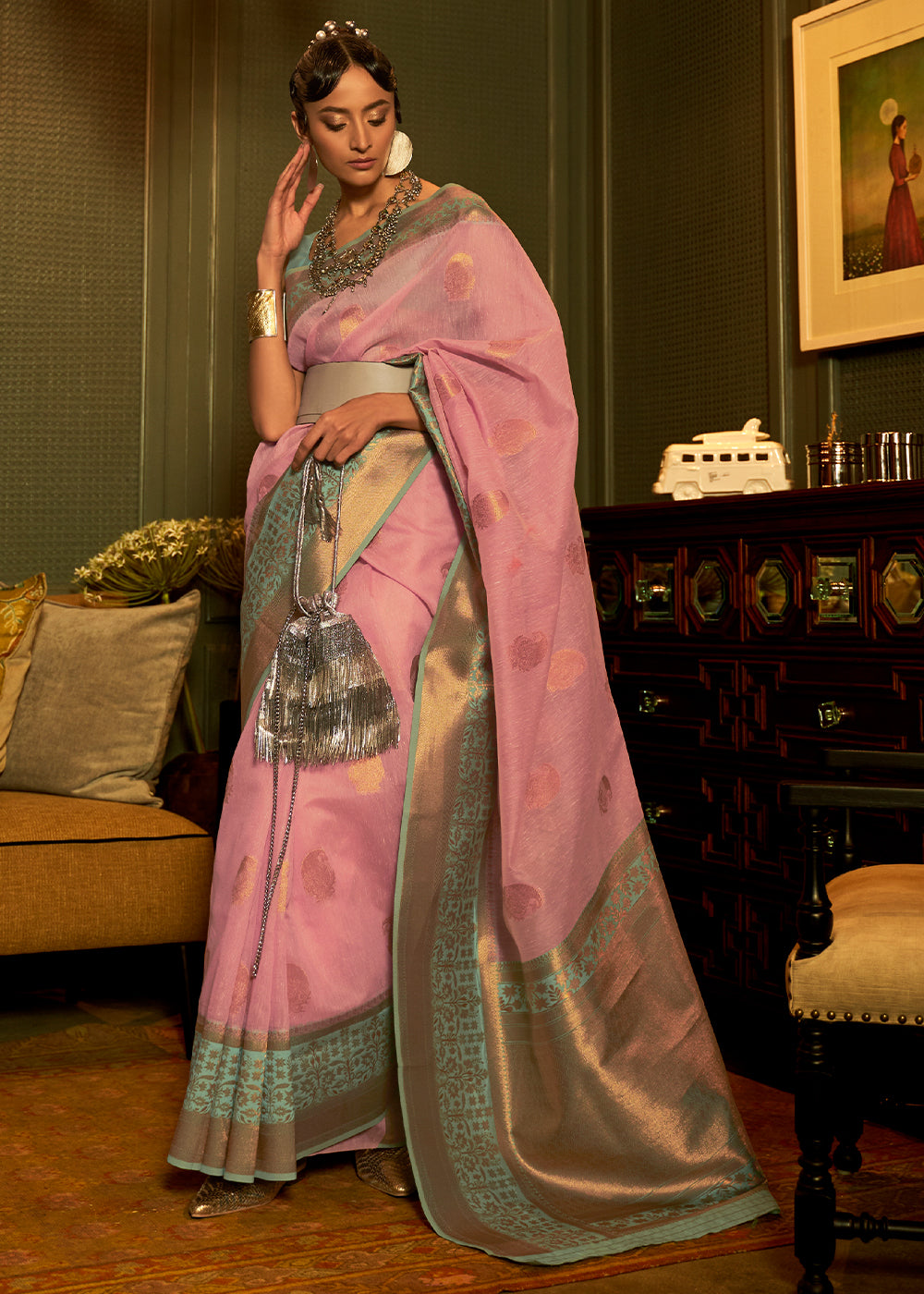 Flamingo Pink Copper Zari Woven Linen Silk Saree Clothsvilla Main image