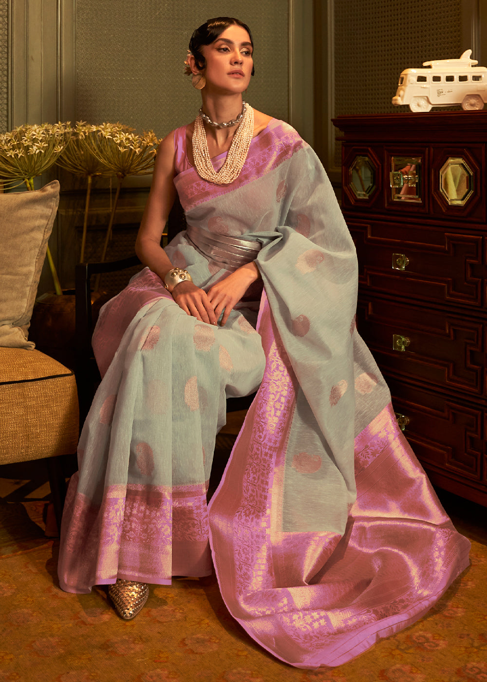 Light Blue Copper Zari Woven Linen Silk Saree Clothsvilla