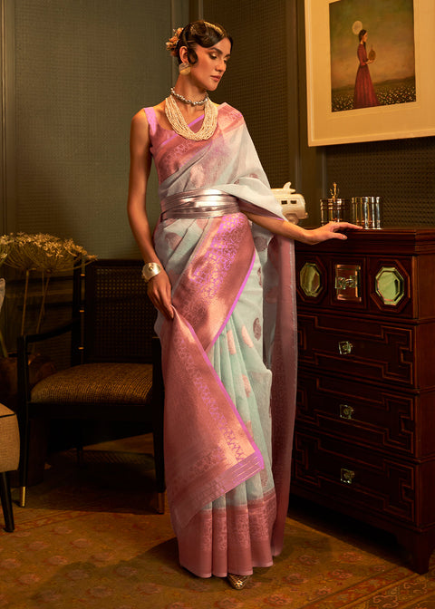 Light Blue Copper Zari Woven Linen Silk Saree Clothsvilla Main image