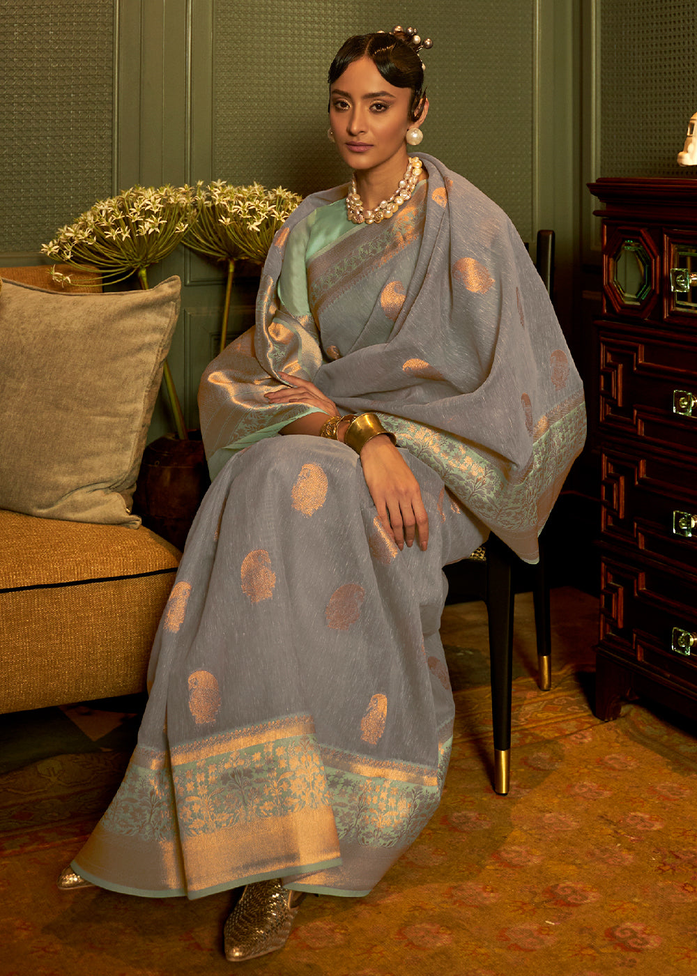 Lead Grey Copper Zari Woven Linen Silk Saree Clothsvilla