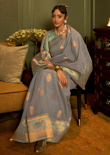 Lead Grey Copper Zari Woven Linen Silk Saree Clothsvilla