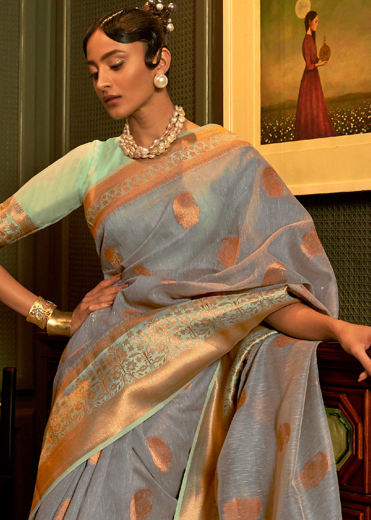 Lead Grey Copper Zari Woven Linen Silk Saree Clothsvilla