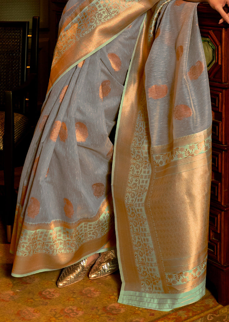 Lead Grey Copper Zari Woven Linen Silk Saree Clothsvilla