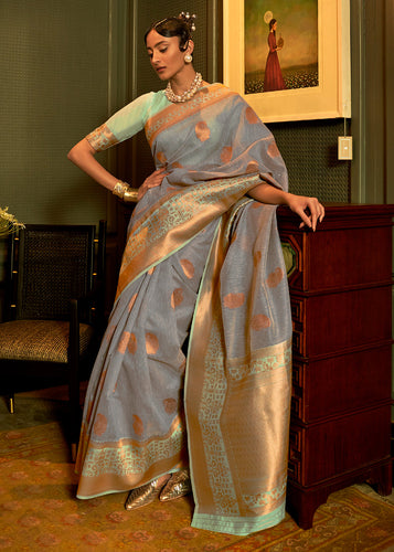 Lead Grey Copper Zari Woven Linen Silk Saree Clothsvilla