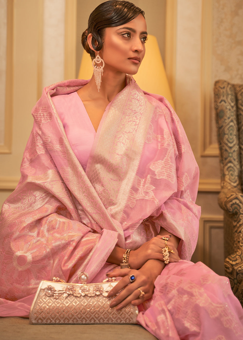 Vivid Pink Handloom Woven Silk Saree with Sequins work Secondary image