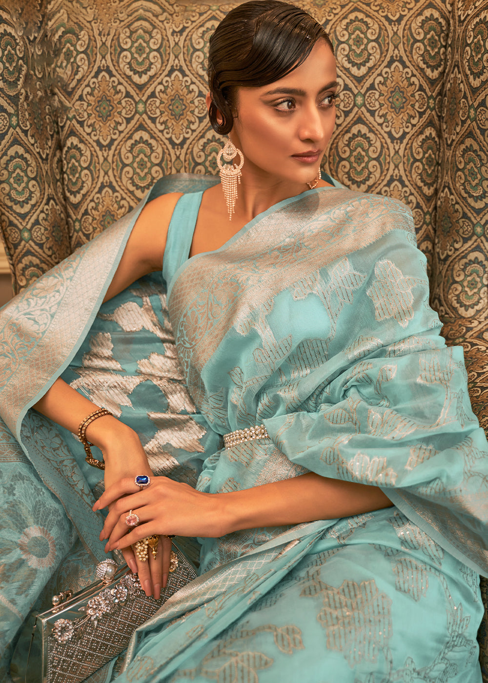 Arctic Blue Handloom Woven Silk Saree with Sequins work Clothsvilla