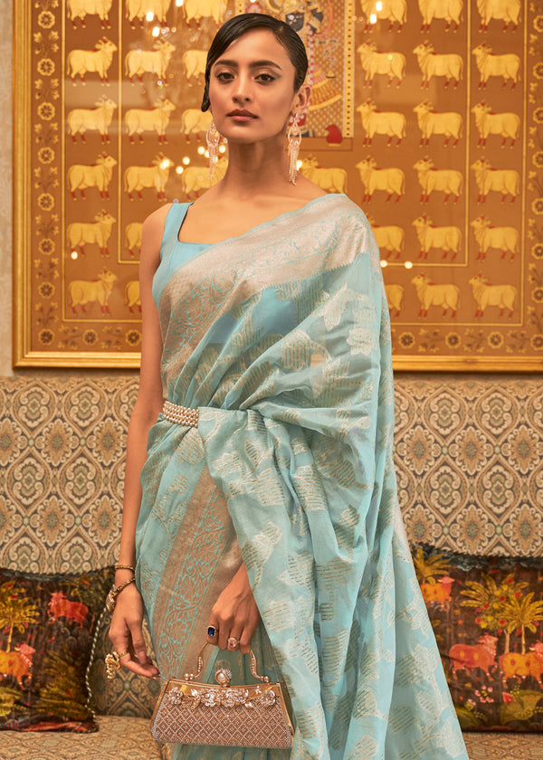 Arctic Blue Handloom Woven Silk Saree with Sequins work Clothsvilla