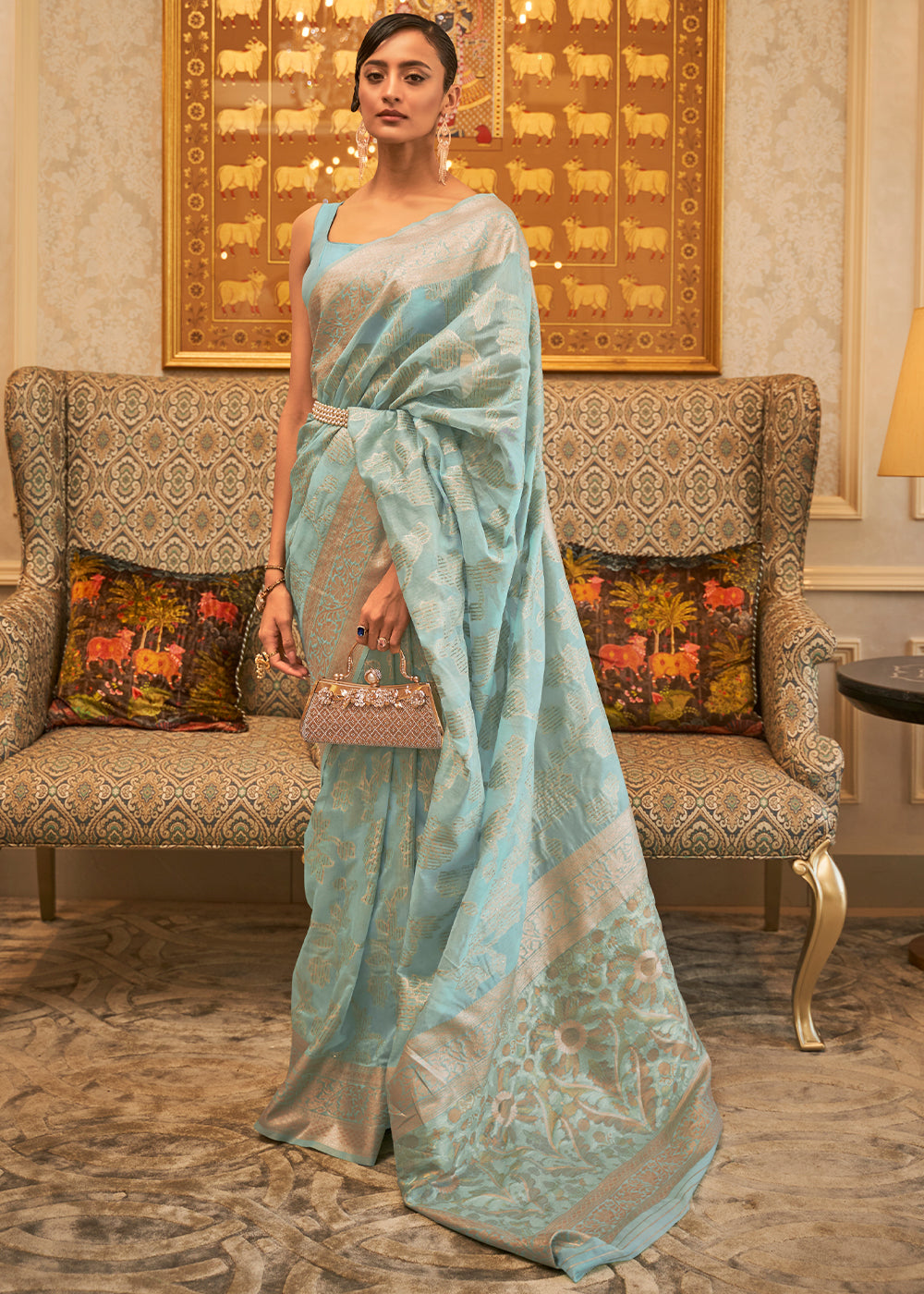 Arctic Blue Handloom Woven Silk Saree with Sequins work Clothsvilla Main image