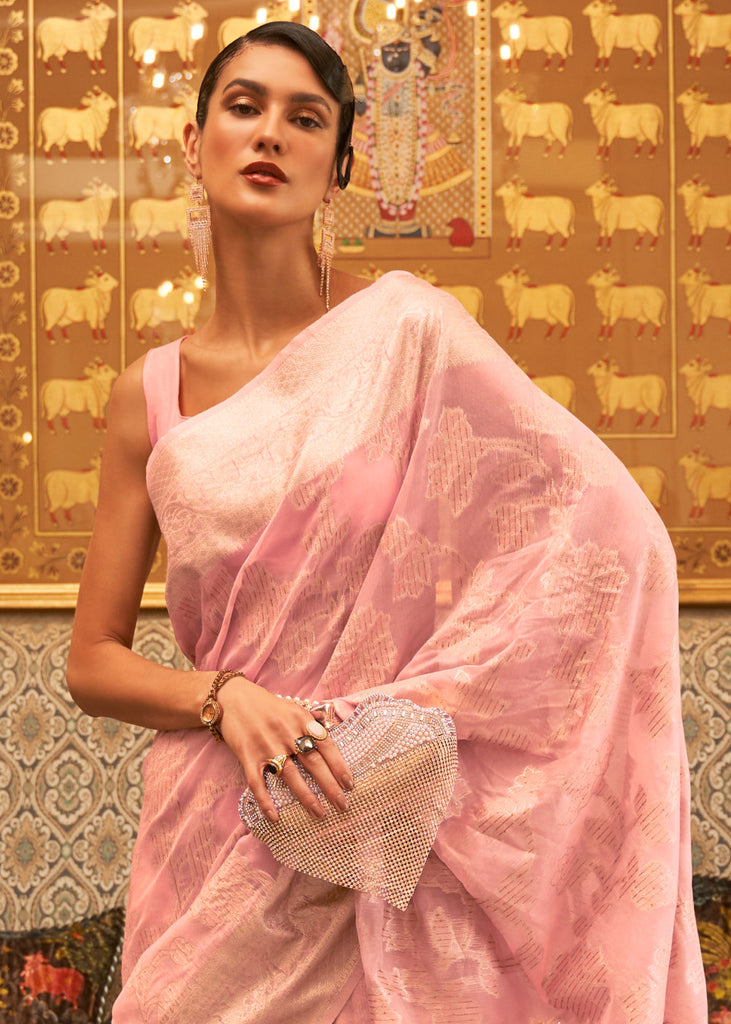 Flamingo Pink Handloom Woven Silk Saree with Sequins work Clothsvilla