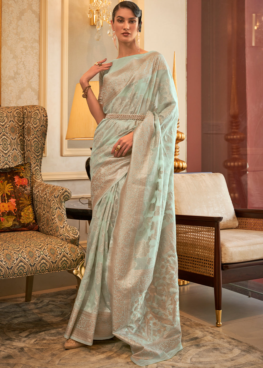 Mint Green Handloom Woven Silk Saree with Sequins work Clothsvilla Main image