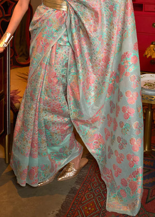 Powder Blue Kashmiri Handloom Weaving Silk Saree Clothsvilla