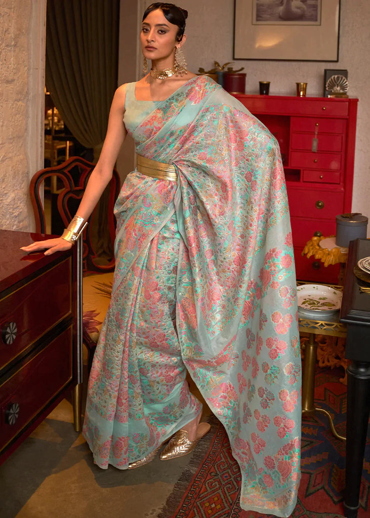 Powder Blue Kashmiri Handloom Weaving Silk Saree Clothsvilla