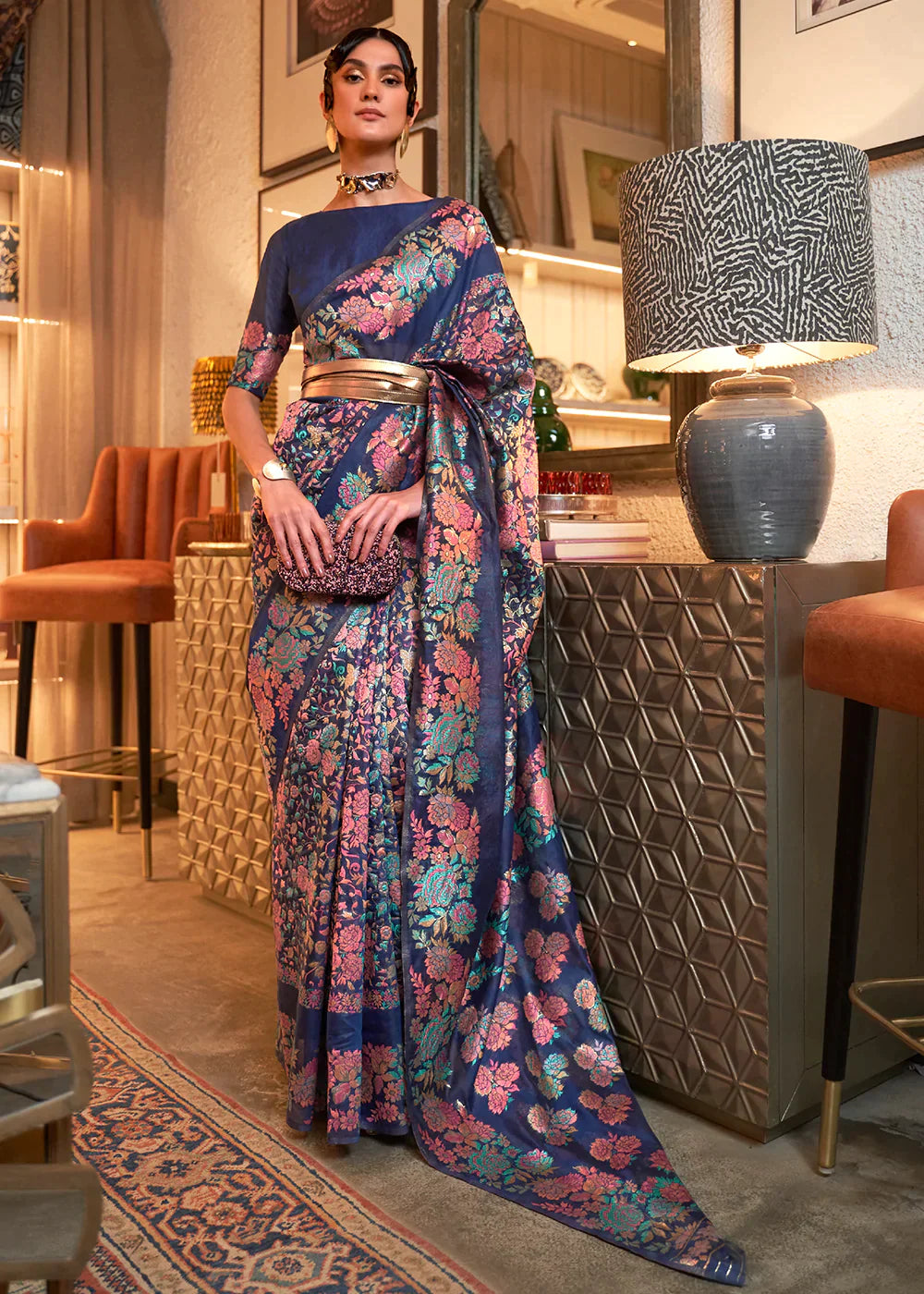 Berry Blue Kashmiri Handloom Weaving Silk Saree Clothsvilla Main image