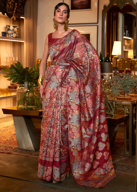 Ruby Red Kashmiri Handloom Weaving Silk Saree Clothsvilla Main image
