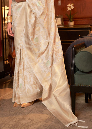 Ivory White Woven Banarasi Silk Saree with Tassels on Pallu Clothsvilla