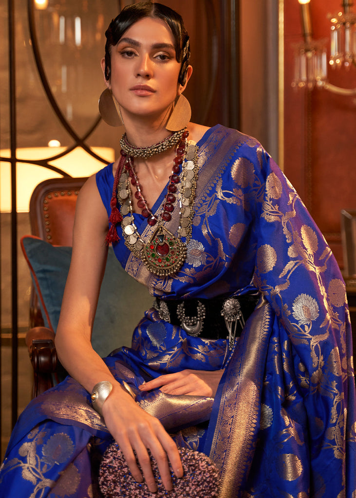 Admiral Blue Woven Banarasi Silk Saree with Tassels on Pallu Clothsvilla