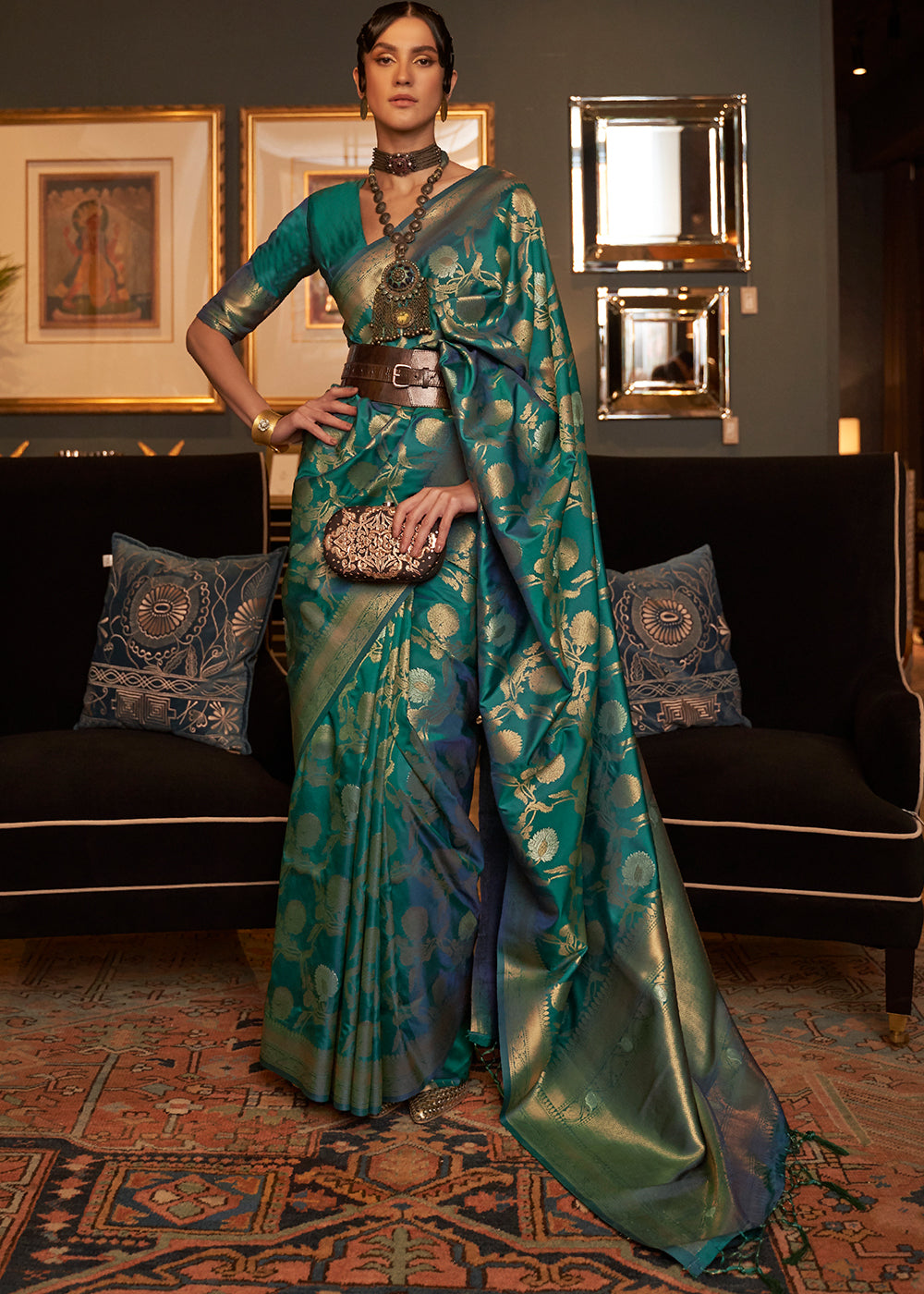 Pine Green Woven Banarasi Silk Saree with Tassels on Pallu Clothsvilla Main image