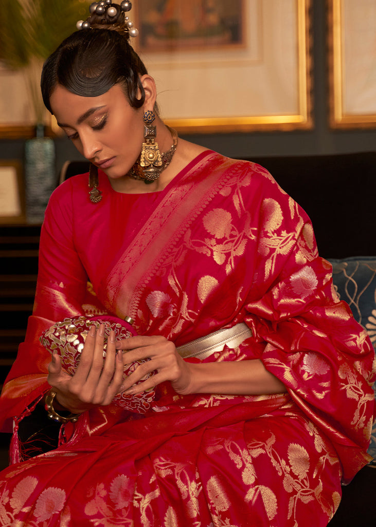 Bridal Red Woven Banarasi Silk Saree with Tassels on Pallu Clothsvilla