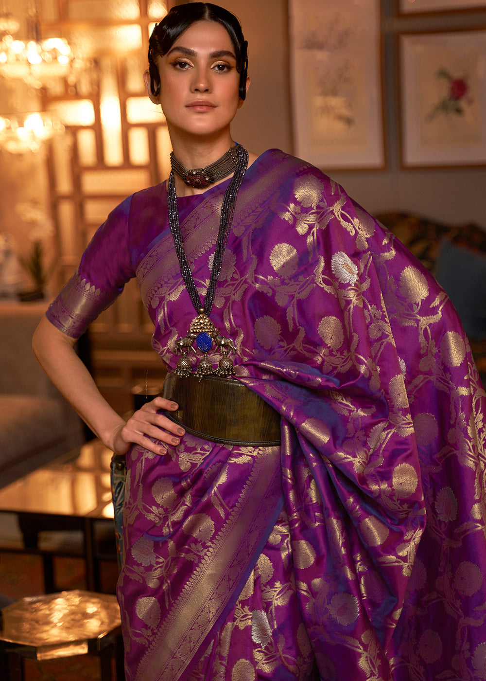 Royal Purple Woven Banarasi Silk Saree with Tassels on Pallu Secondary image