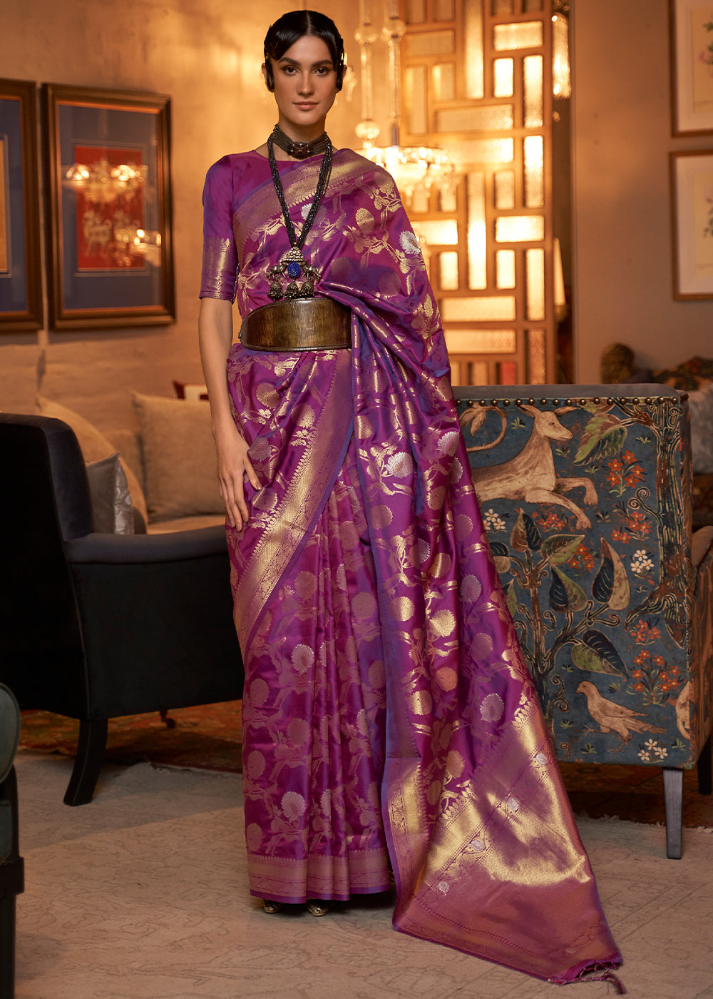 Royal Purple Woven Banarasi Silk Saree with Tassels on Pallu Clothsvilla Main image