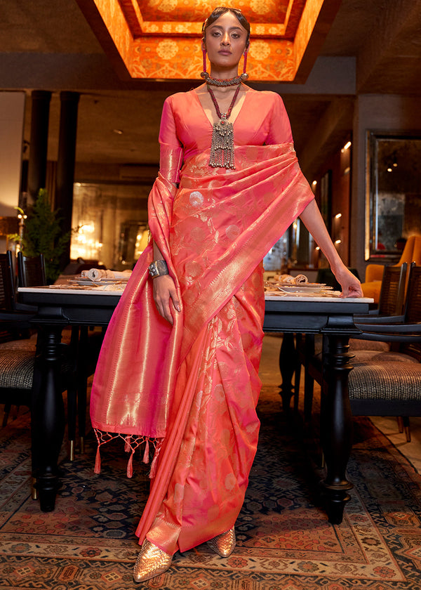 Brink Pink Woven Banarasi Silk Saree with Tassels on Pallu Clothsvilla